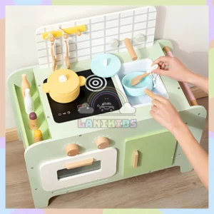 BỘ TỦ BẾP GỖ MINI XANH MINT CHO BÉ – ĐỒ CHƠI NHẬP VAI ĐẦU BẾP CỰC XINH