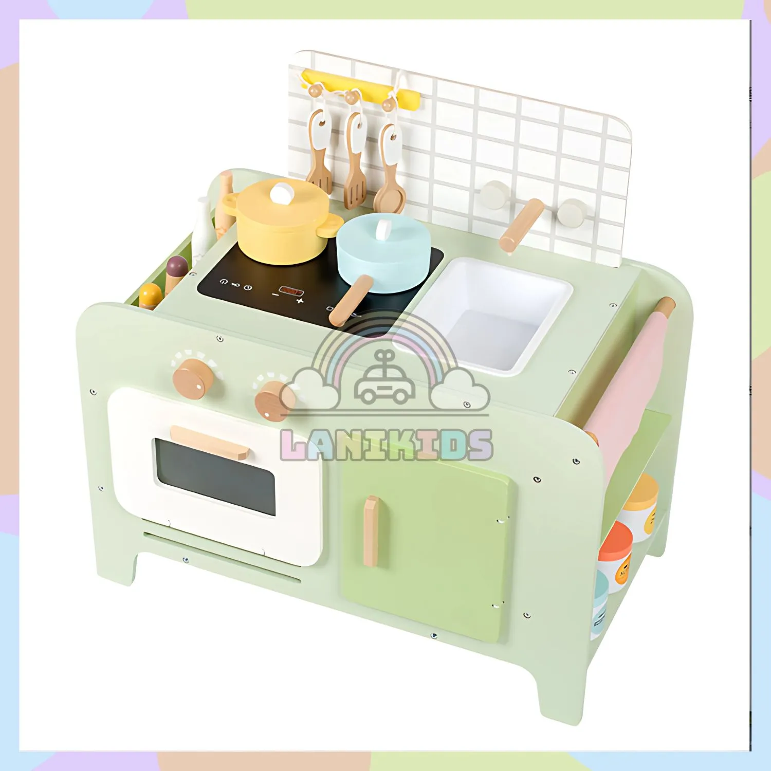 BỘ TỦ BẾP GỖ MINI XANH MINT CHO BÉ – ĐỒ CHƠI NHẬP VAI ĐẦU BẾP CỰC XINH