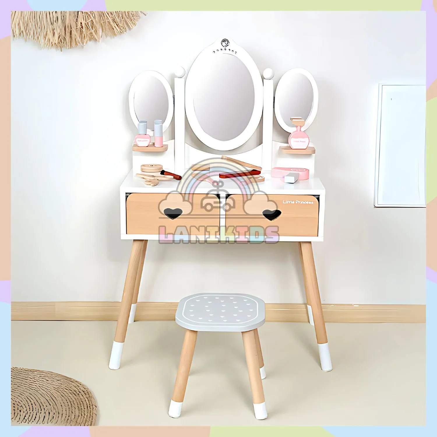 Bộ Tủ Trang Điểm Gỗ 3 Gương Màu Trắng – Đồ Chơi Hướng Nghiệp Đẹp Như Công Chúa Lanikids