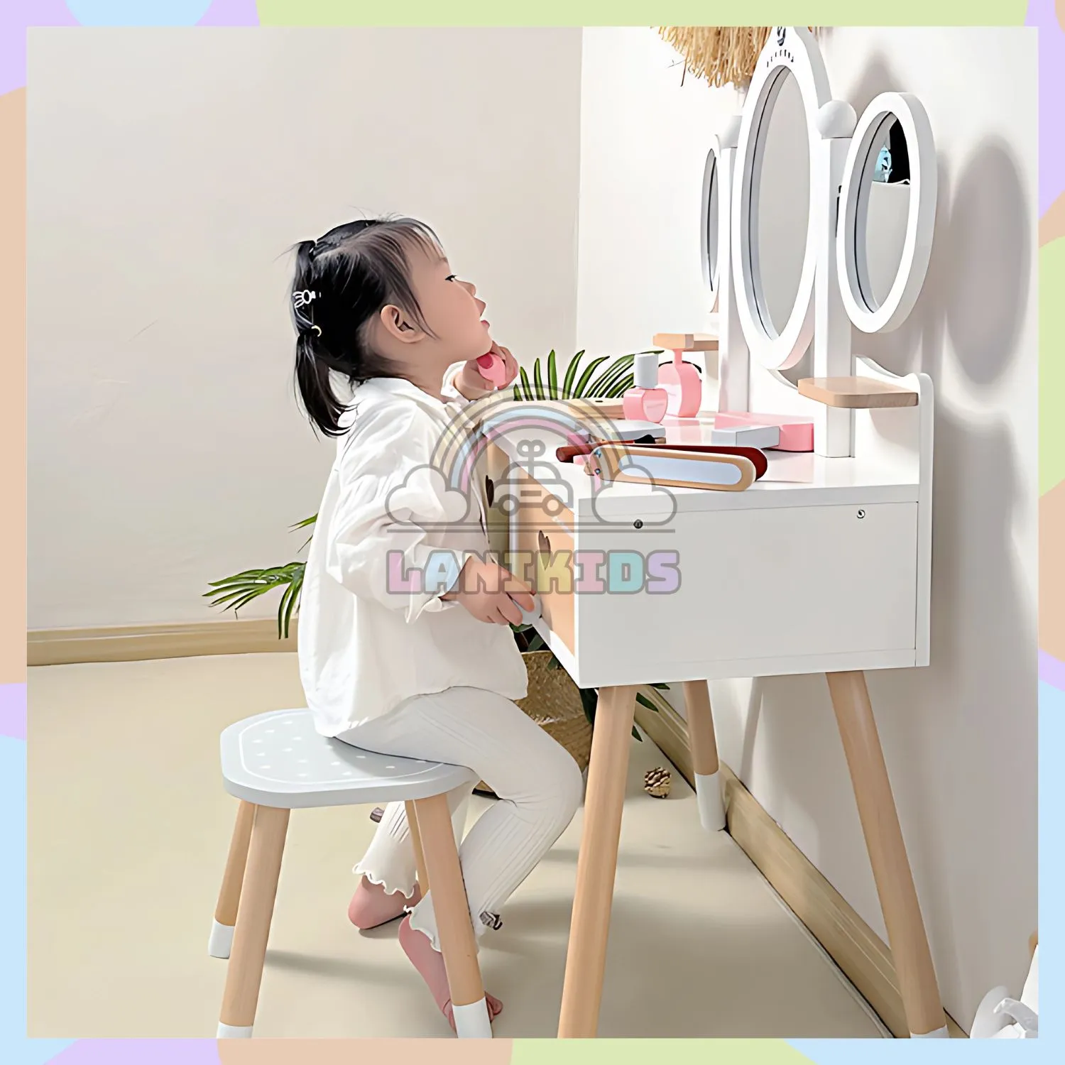 Bộ Tủ Trang Điểm Gỗ 3 Gương Màu Trắng – Đồ Chơi Hướng Nghiệp Đẹp Như Công Chúa Lanikids