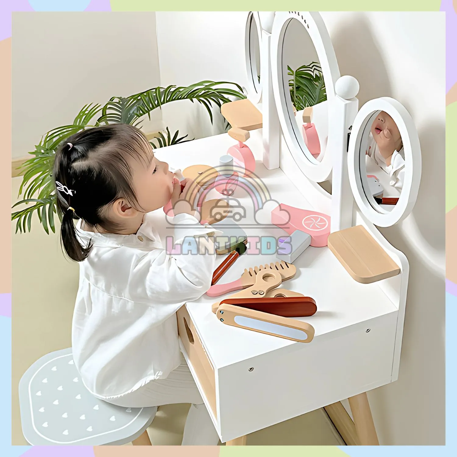 Bộ Tủ Trang Điểm Gỗ 3 Gương Màu Trắng – Đồ Chơi Hướng Nghiệp Đẹp Như Công Chúa Lanikids