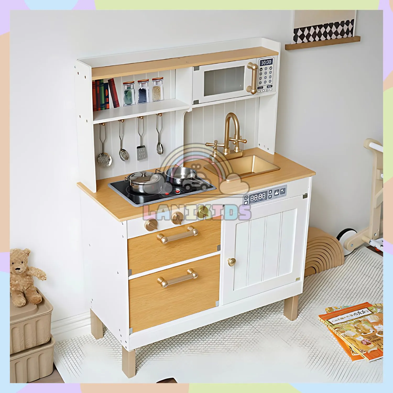 Bộ Tủ Bếp Gỗ Neon Cho Bé – Đồ Chơi Hướng Nghiệp Sáng Tạo | Lanikids