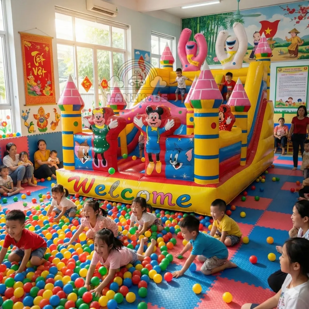 Nhà Hơi Chuột Mickey 3x4m (12m²) Cao 2.25m | Máy Thổi 550W (Nhập Khẩu)